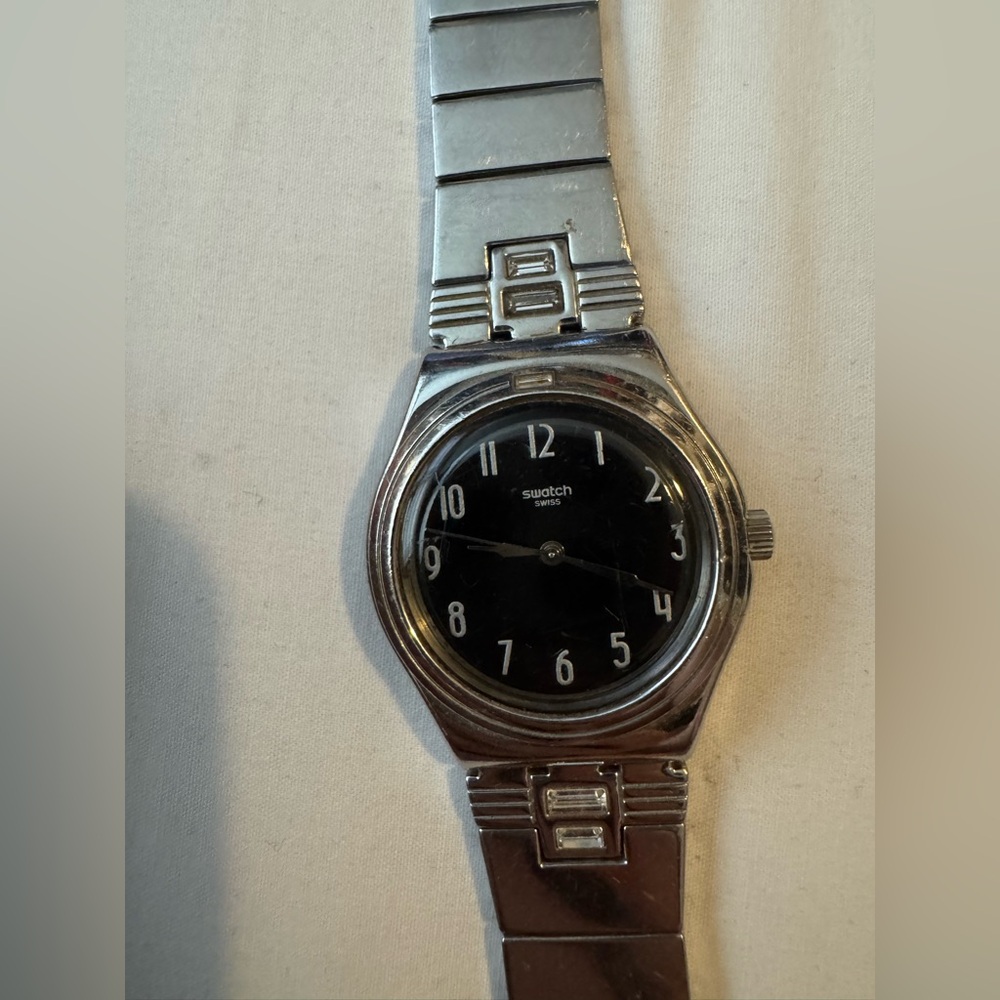 Swatch Silver Tone Watch with Black Dial